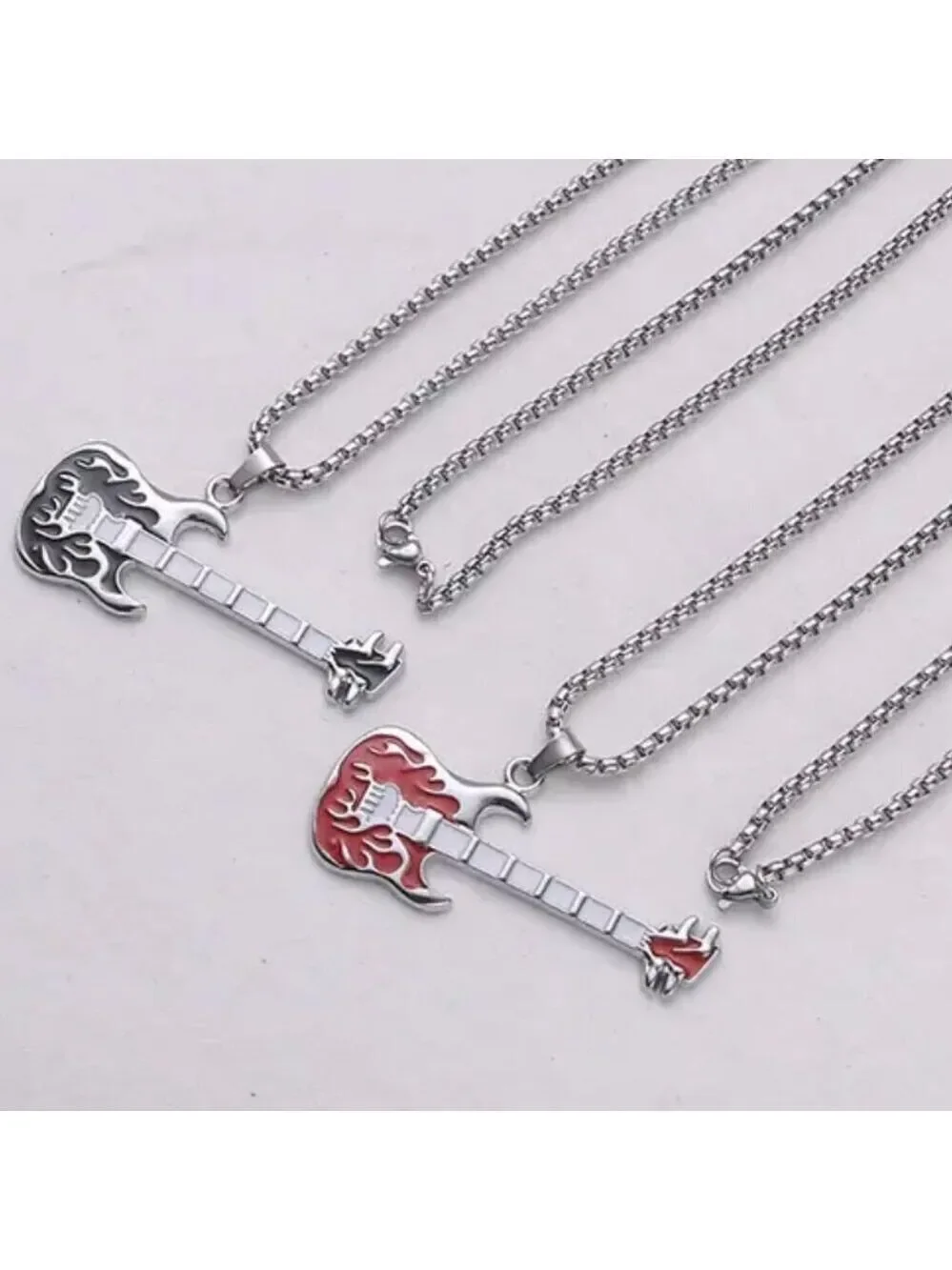 Emerald Green Flaming Guitar with White Neck Rocker Necklace and Pendant 1559